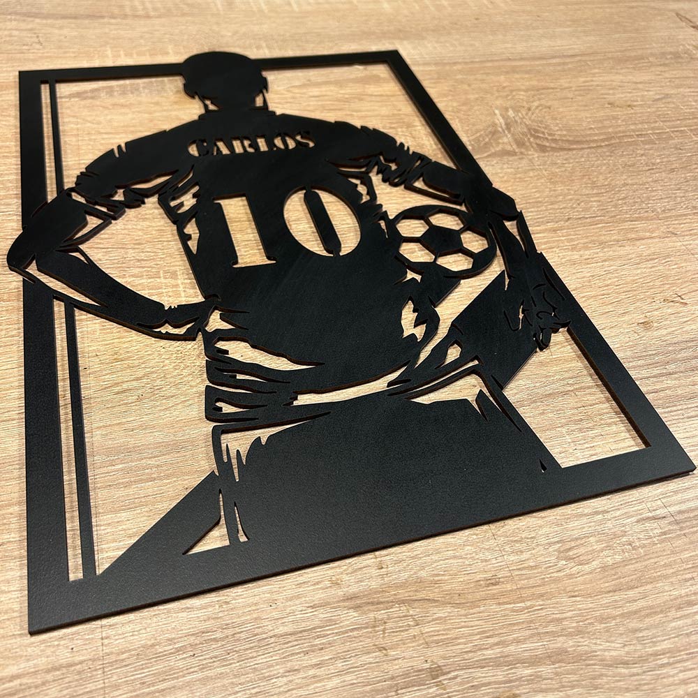 Cuadro de futbolista de madera con nombre y numero personalizado