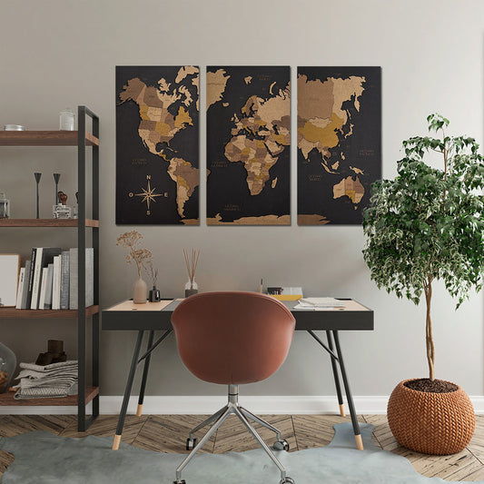Mapamundi 3D en 3 paneles/cuadros de madera multicolor