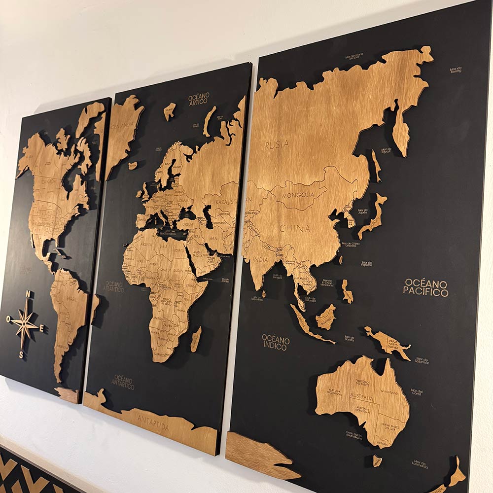 Mapa Mundi "Galileo" de madera 3 cuadros
