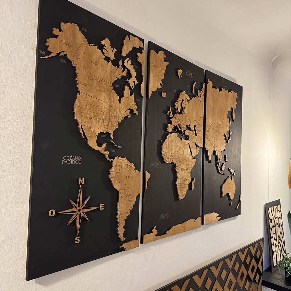 Mapa Mundi "Galileo" de madera 3 cuadros