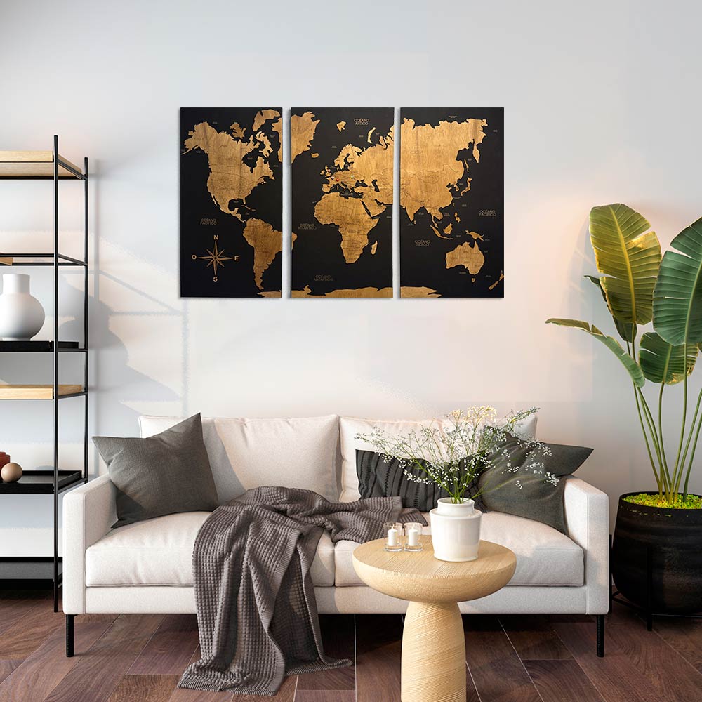 Mapa Mundi "Galileo" de madera 3 cuadros