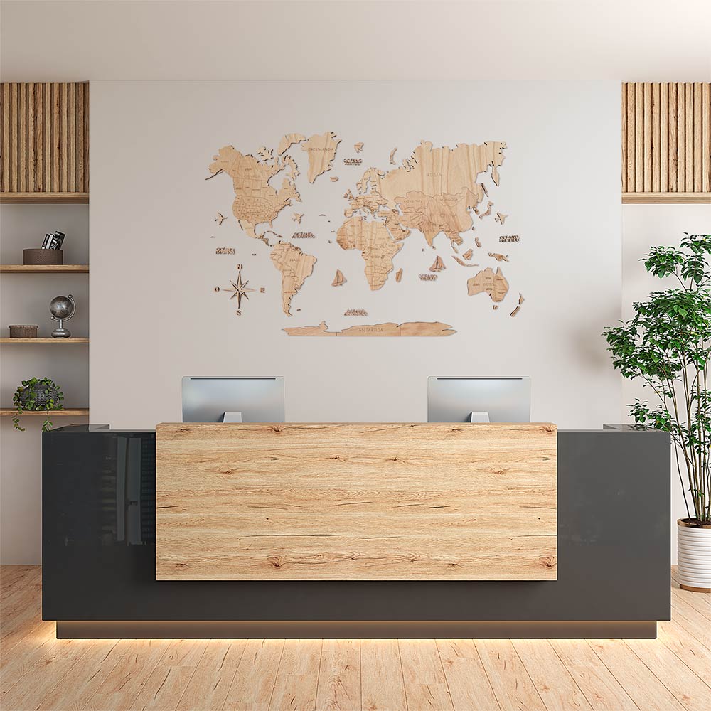 Wooden world map wall art natural color