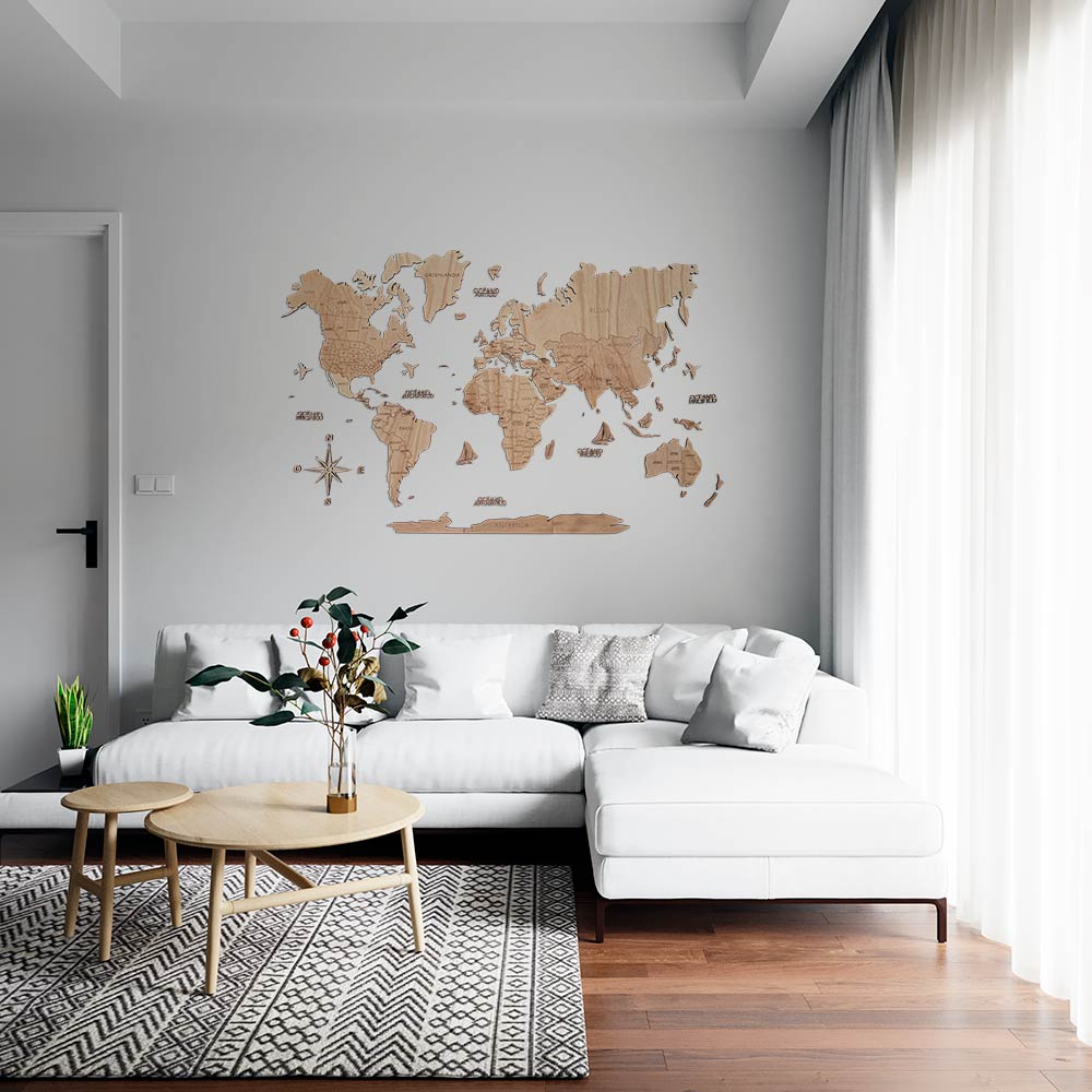 Wooden world map wall art natural color