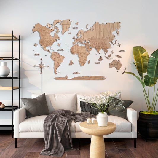 Mapamundi de madera decorativo para pared color natural