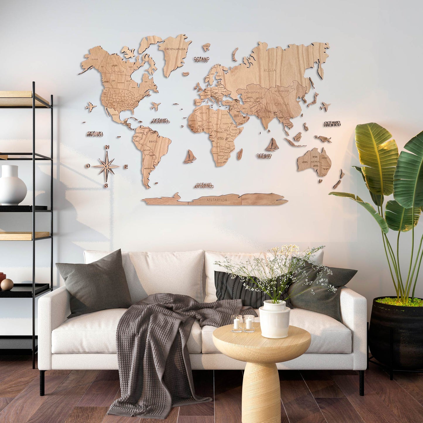 Wooden world map wall art natural color