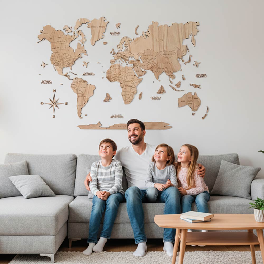 Wooden world map wall art natural color