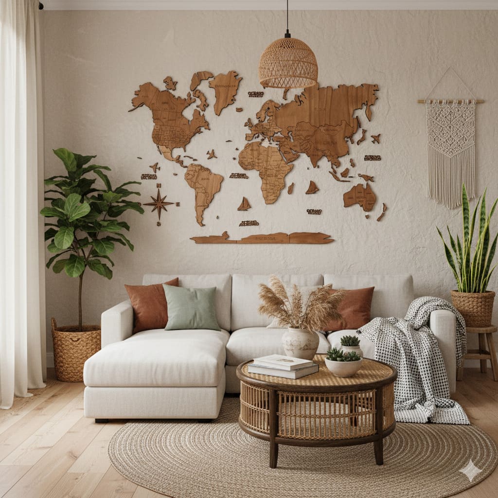 Mapamundi de madera decorativo tono madera cálido