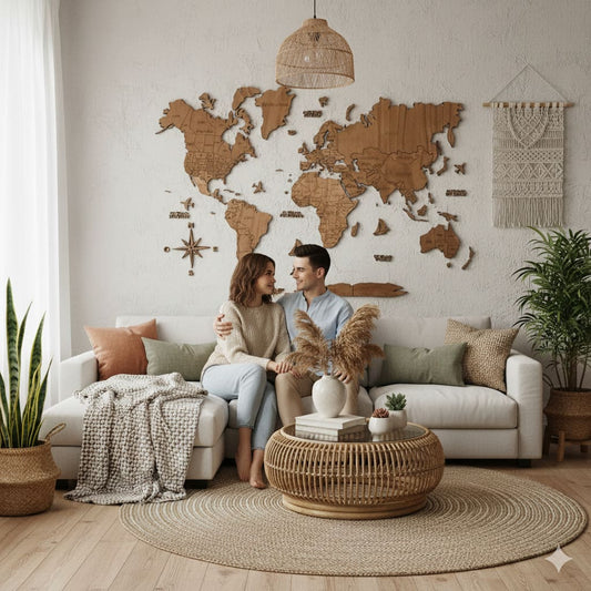 Mapamundi de madera decorativo tono madera cálido