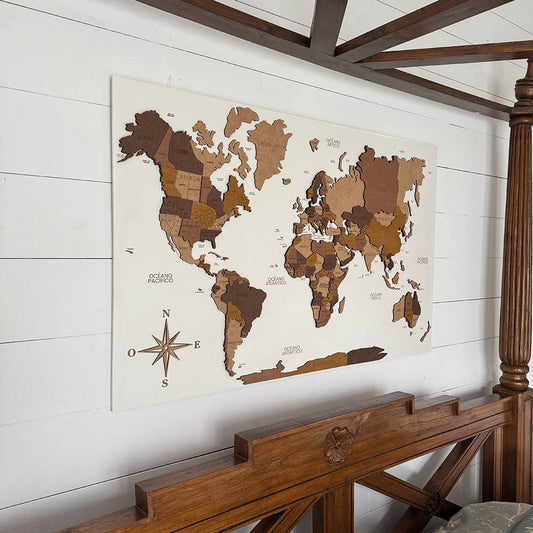 Panel blanco mapamundi 3D multicolor de madera