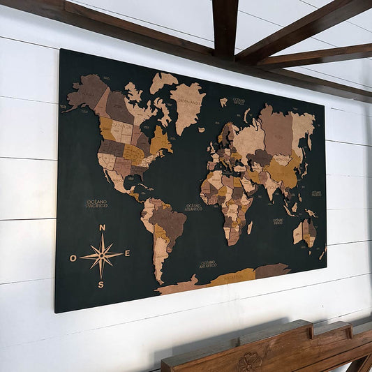 Panel negro mapamundi 3D multicolor de madera