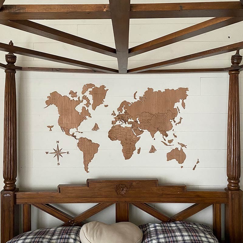 Mapa del mundo de madera para pared color roble oscuro