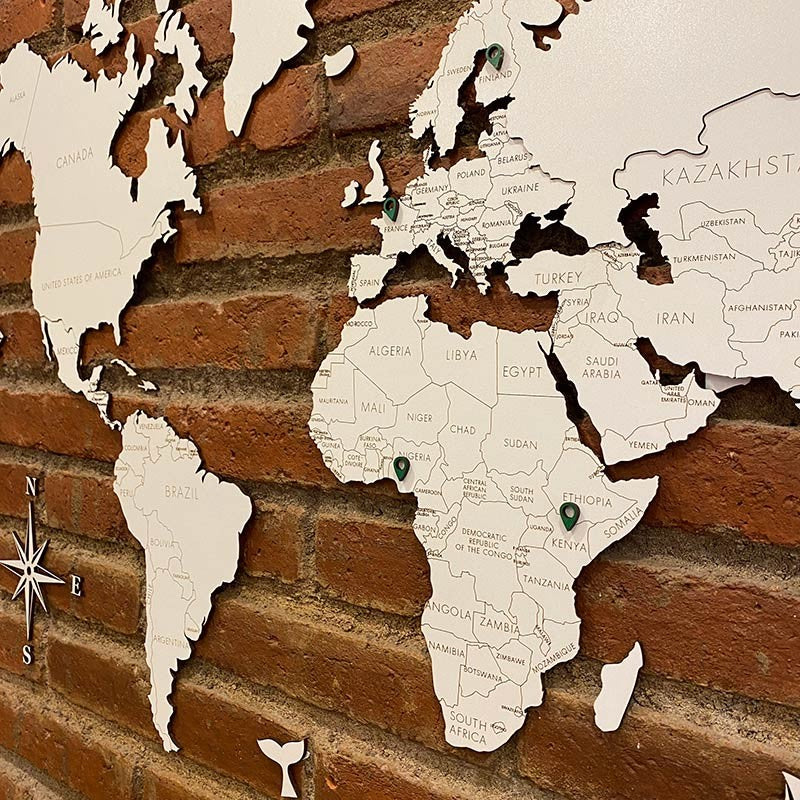 Mapa del mundo para decoración de paredes en DM (MDF) blanco
