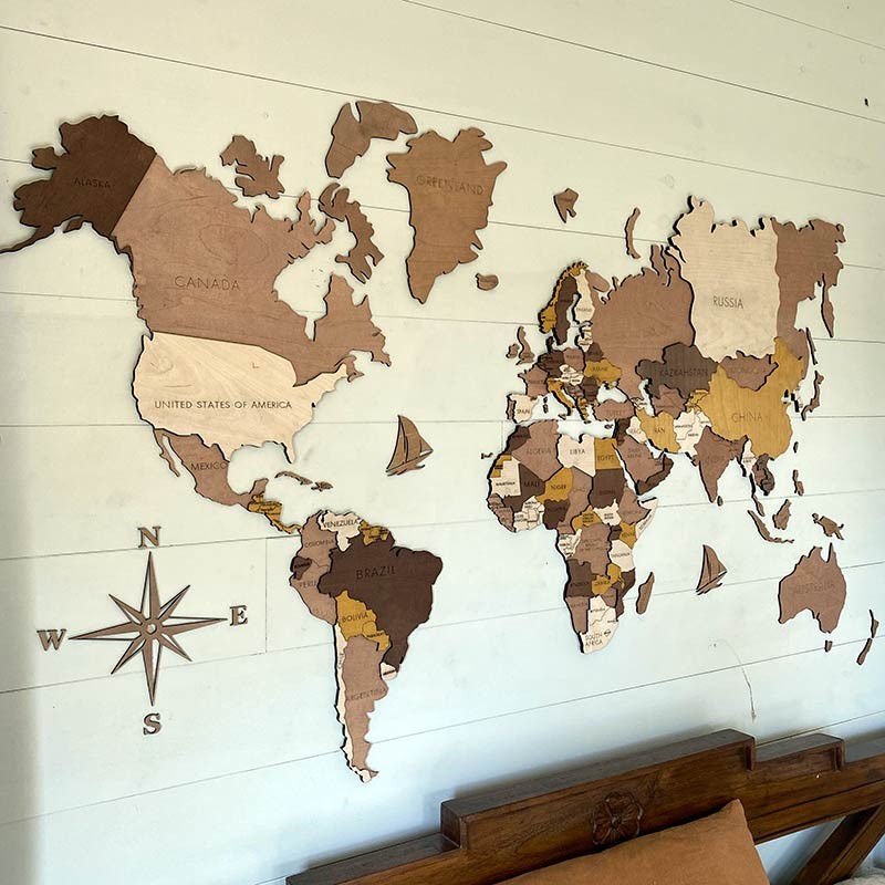 Mapamundi 3d decorativo para pared en VARIOS TONOS de madera