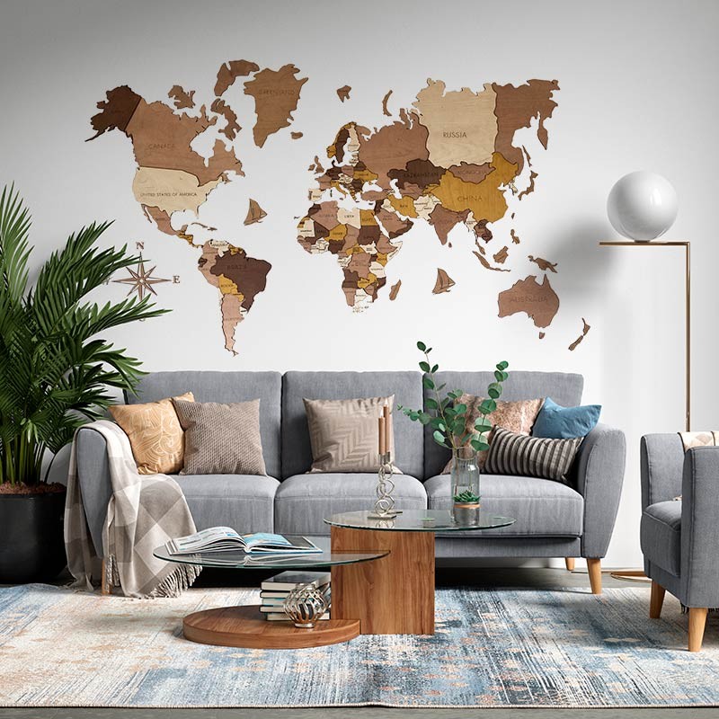 Mapamundi 3d decorativo para pared en VARIOS TONOS de madera