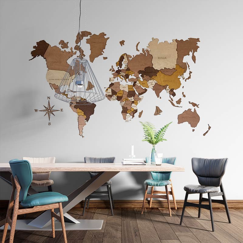 Mapamundi 3d decorativo para pared en VARIOS TONOS de madera