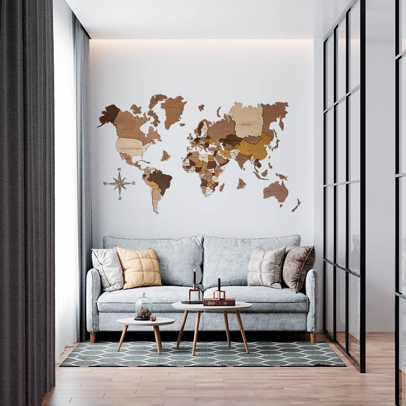 mapa 3d del mundo en varios tonos de madera