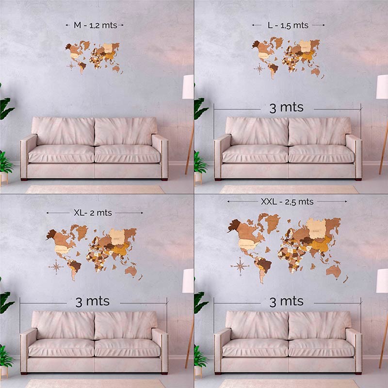 Mapamundi 3d decorativo para pared en TONO OSCURO de madera