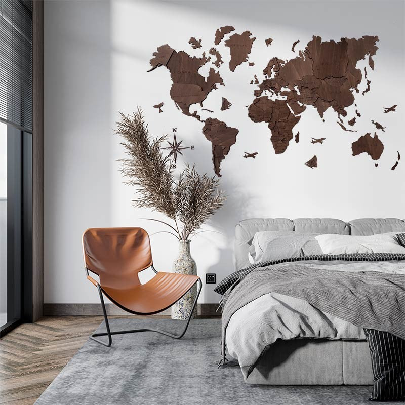 Mapamundi 3d decorativo para pared en TONO OSCURO de madera