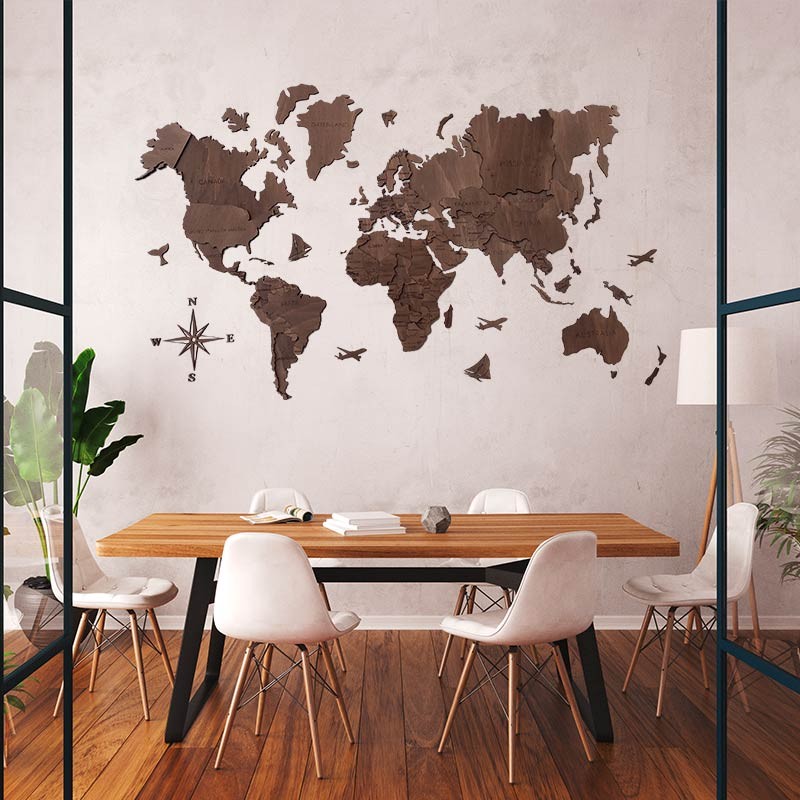 Mapamundi 3d decorativo para pared en TONO OSCURO de madera