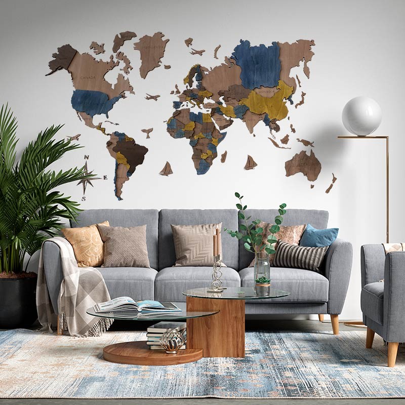 Mapa mundi de madera decorativo para pared 3d en VARIOS TONOS (AZUL)