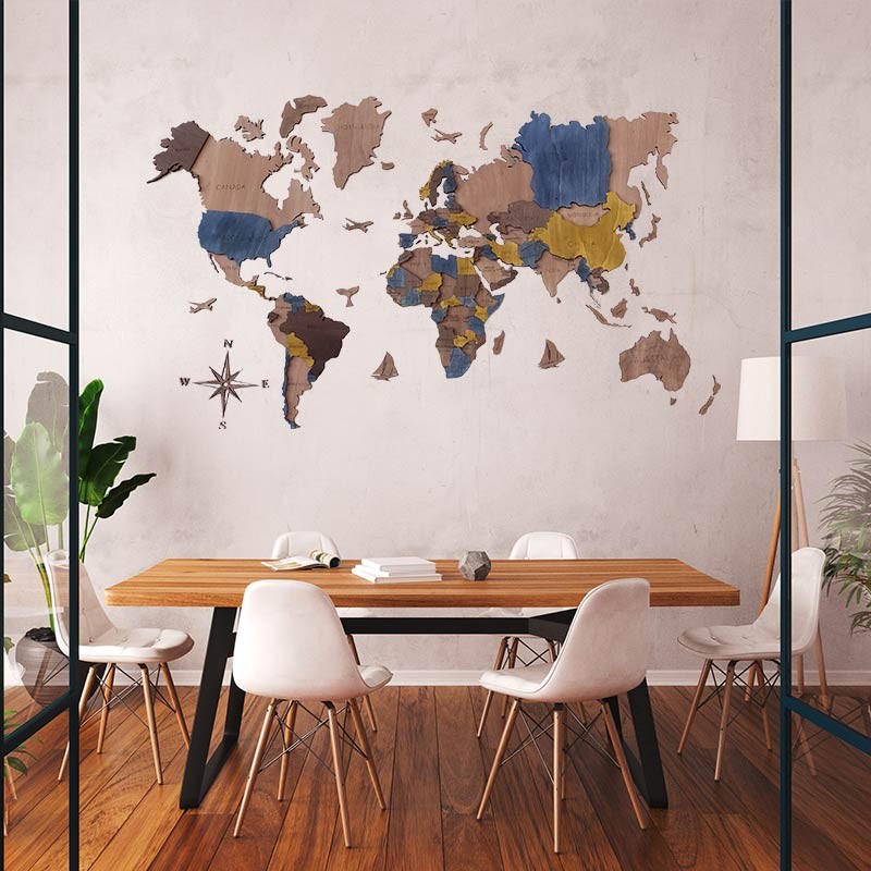 Mapa mundi de madera decorativo para pared 3d en VARIOS TONOS (AZUL)