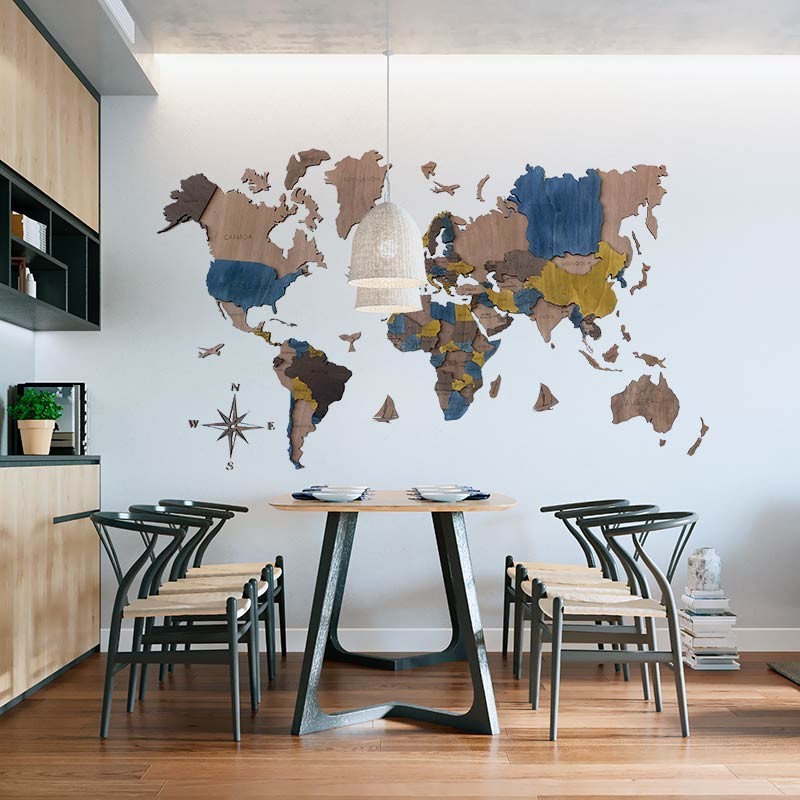 Mapa mundi de madera decorativo para pared 3d en VARIOS TONOS (AZUL)