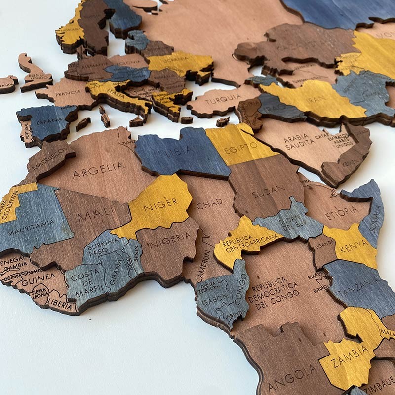 Mapa mundi de madera decorativo para pared 3d en VARIOS TONOS (AZUL)