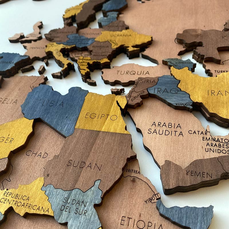 Mapa mundi de madera decorativo para pared 3d en VARIOS TONOS (AZUL)