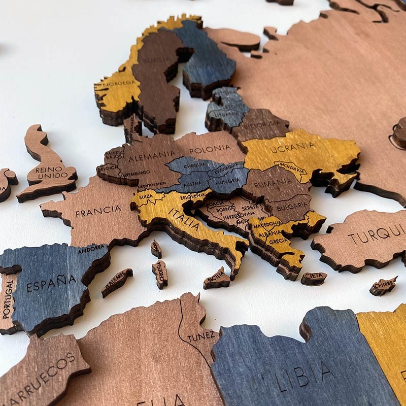 Mapa mundi de madera decorativo para pared 3d en VARIOS TONOS (AZUL)