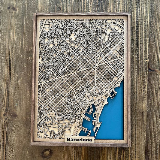 Mapa de Barcelona de madera