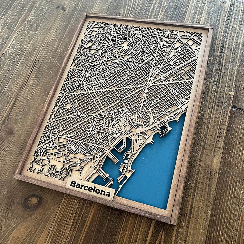 Mapa de Barcelona de madera