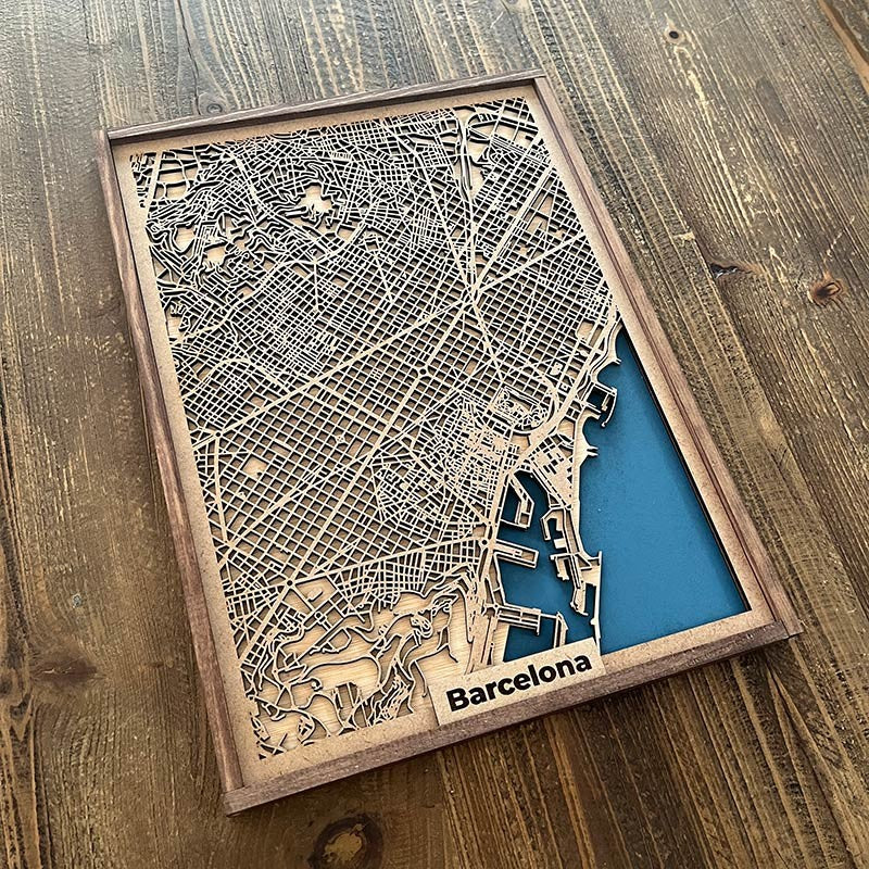 Mapa Barcelona de madera