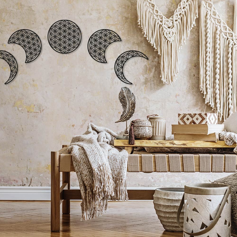 Fase lunar "flor de la vida" en madera para decoración de pared