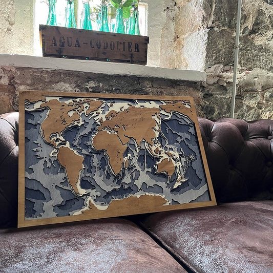 Cuadro mapamundi 3d batimétrico de madera