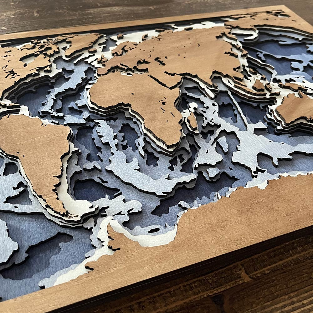 Cuadro mapamundi 3d batimétrico de madera
