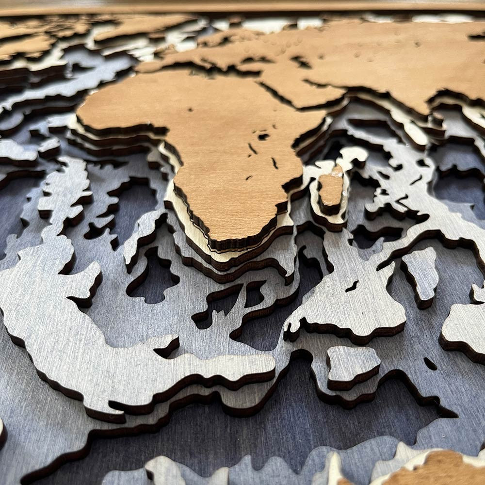 Cuadro mapamundi 3d batimétrico de madera