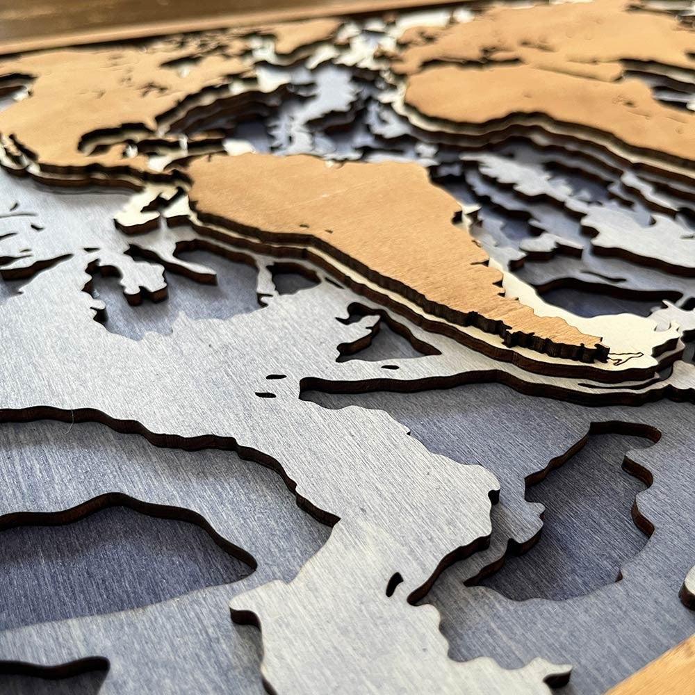 Cuadro mapamundi 3d batimétrico de madera