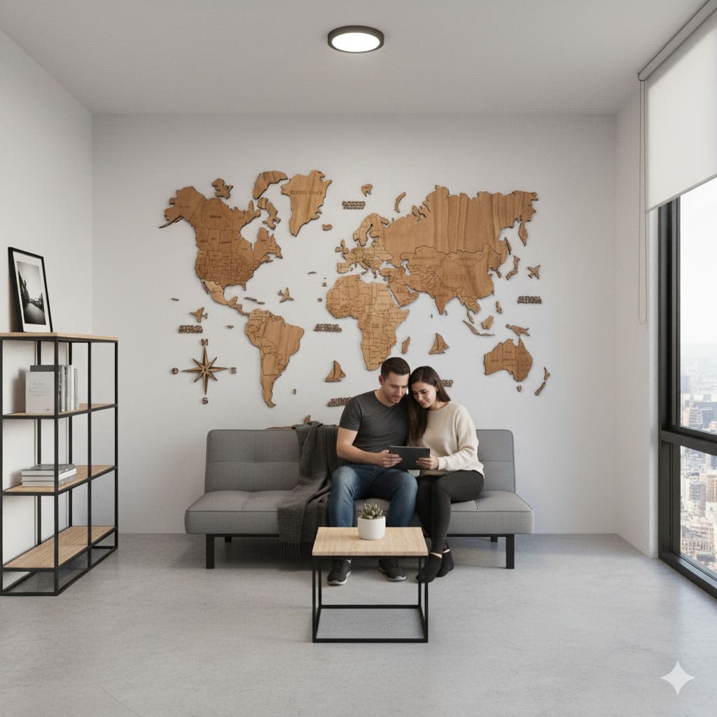 Mapamundi de madera decorativo tono madera cálido