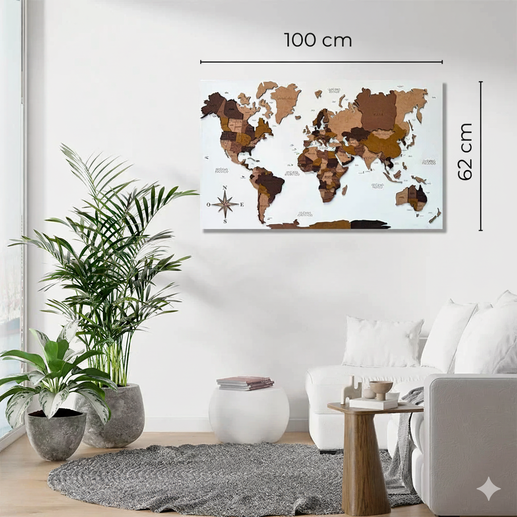 Panel blanco mapamundi 3D multicolor de madera
