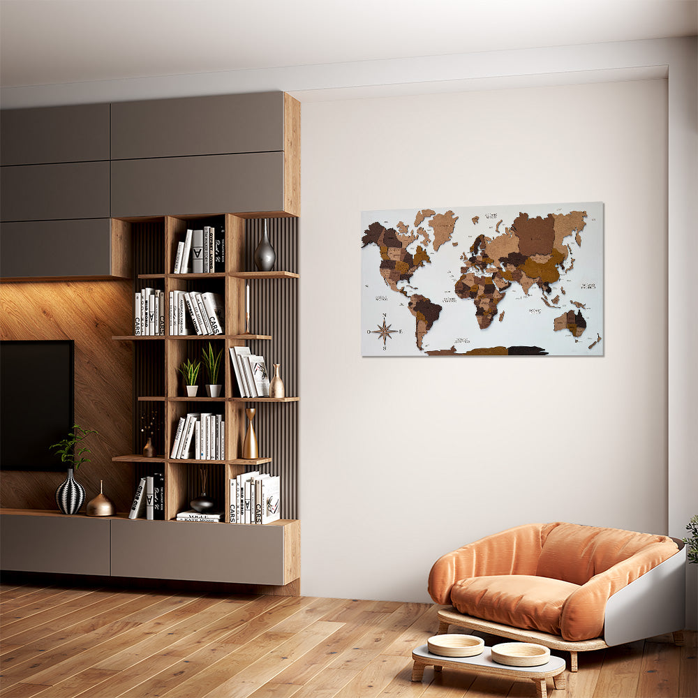 Panel blanco mapamundi 3D multicolor de madera
