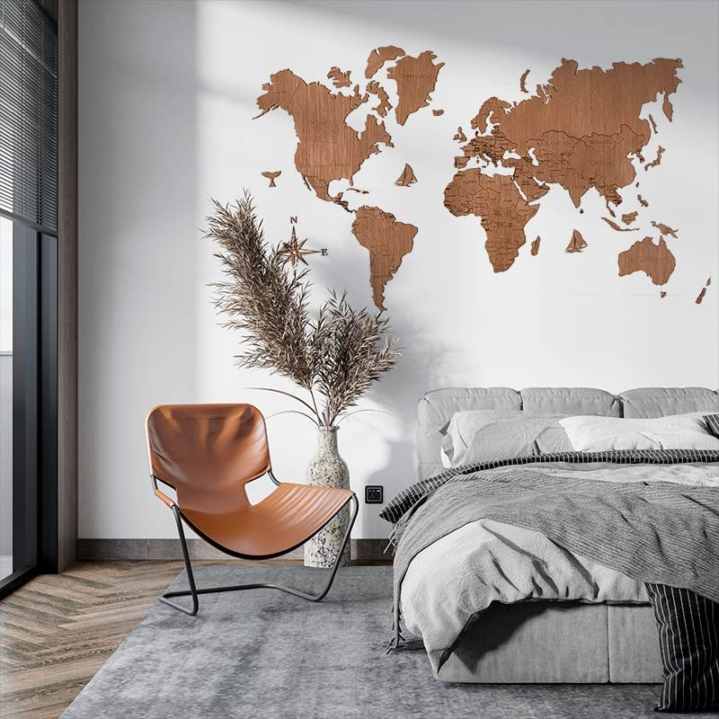 Mapa del mundo de madera para pared color roble oscuro