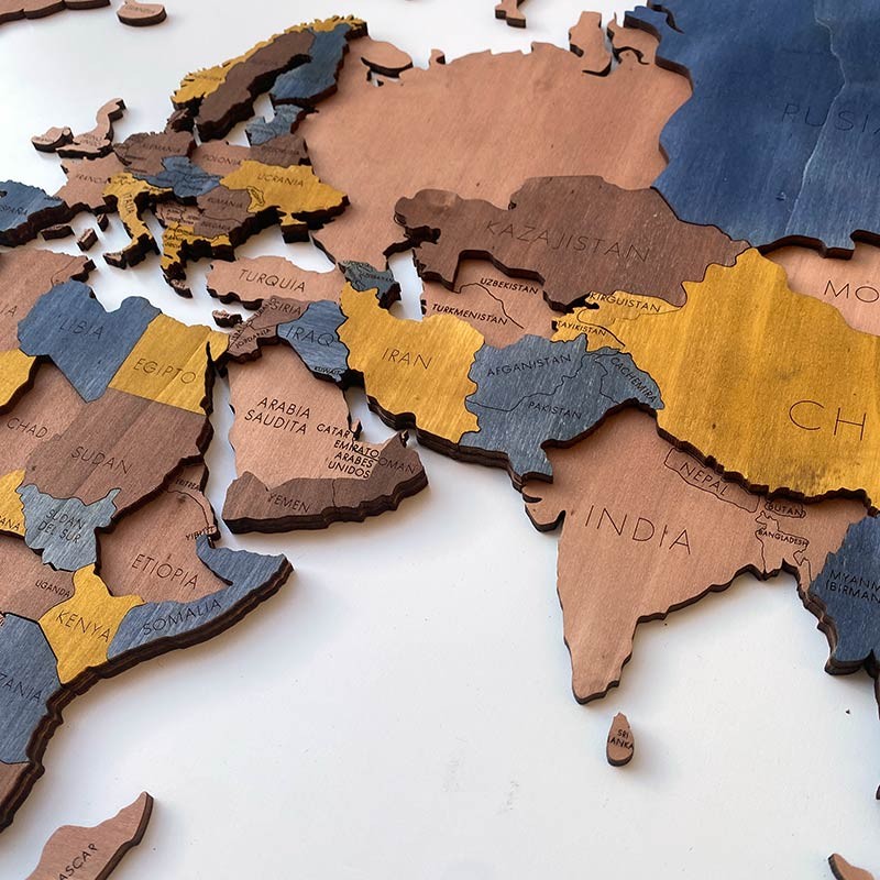  Mapa del mundo de madera 3D – Decoración de pared 3D con mapa  de madera del mundo – Fácil instalación con cinta adhesiva de doble cara –  Incluye complementos – Madera