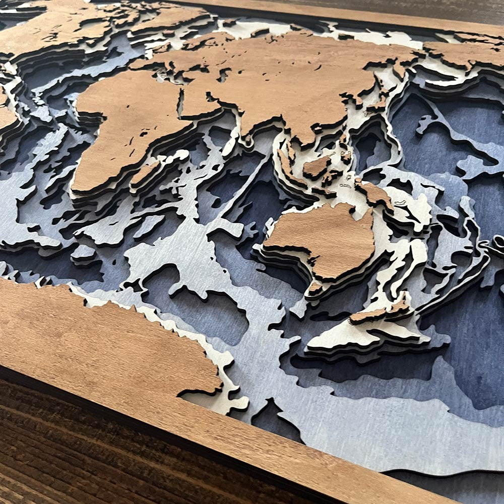 Cuadro mapamundi 3d batimétrico de madera
